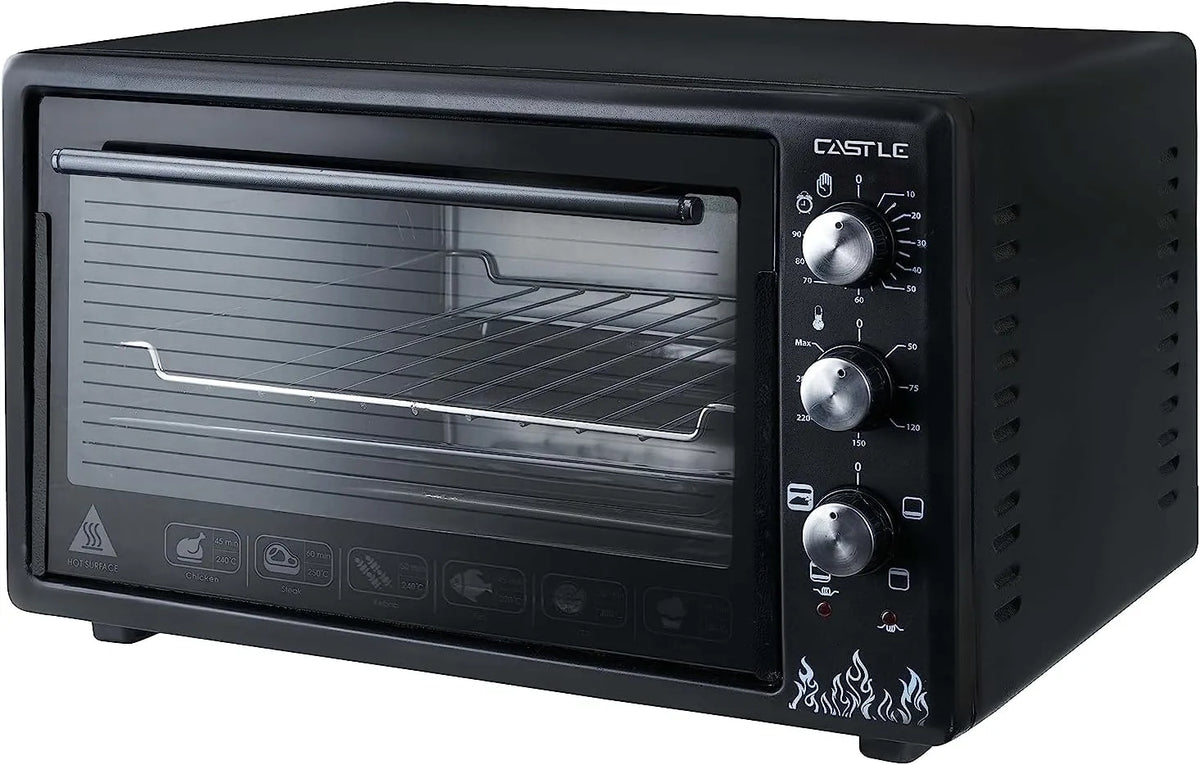 Castle oven, 38-liter capacity, with grill, temperature control, timer, and glass door