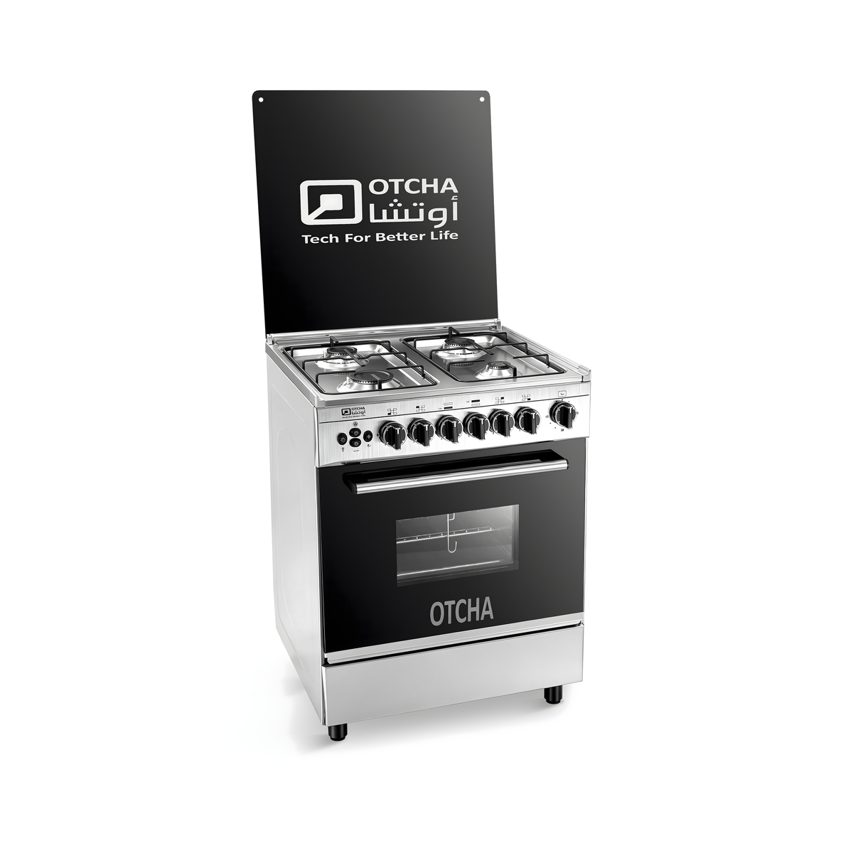 Oucha Eco 60 gas cooker, 60×60 size, all stainless steel, 4 burners, with horizontal grill spit, printed glass, and concealed door hinge