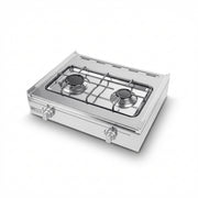 Oucha 2-burner gas hob, stainless steel, 30×45 cm, with enamel-coated iron pan supports