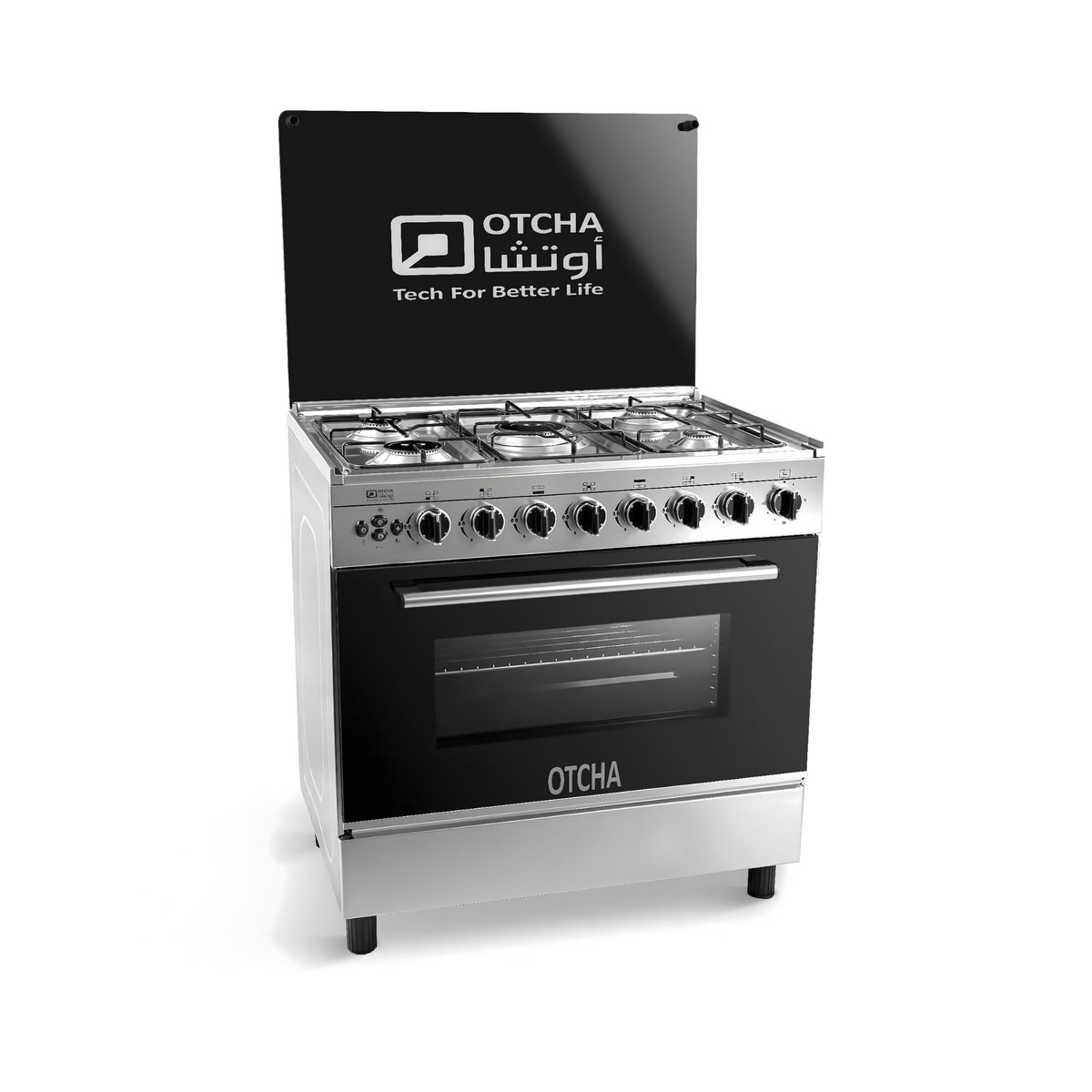 Oucha Prime 60 gas cooker, 60×60 size, all stainless steel, 4 burners, mechanical timer, convection fan, oven light, and automatic ignition