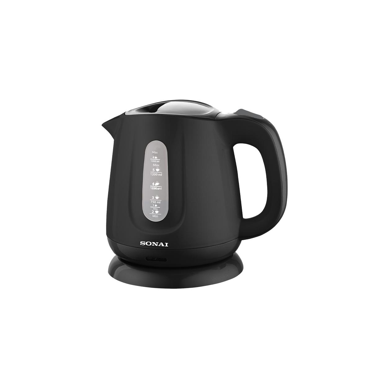 Sonai kettle, 1.2 liters, with 360° base, limescale filter, automatic shut-off, dry-boil protection, black